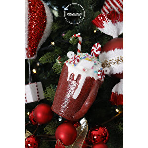 Yılbaşı Süsü Simli Milkshake Kupası Kırmızı 14 Cm