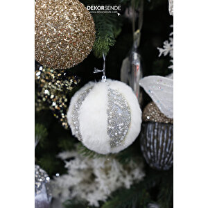 Yılbaşı Süsü Tüylü İncili 2'li Top Gümüş 10 Cm