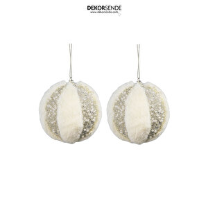 Yılbaşı Süsü Tüylü İncili 2'li Top Gümüş 10 Cm