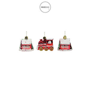 Yılbaşı Ağacı Süsü 3'lü Tren Ev Kırmızı 6 Cm