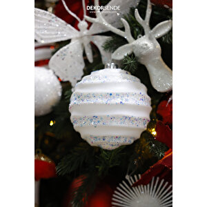 Yılbaşı Süsü Dalgalı Şeritli Candy Top Beyaz 15 Cm