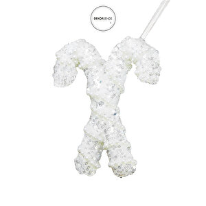 Yılbaşı Süsü İncili Simli Baston İkili Beyaz 15 Cm