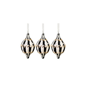 Yılbaşı Süsü Konik Desenli 3'lü Set Siyah Beyaz 12 Cm