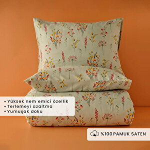 %100 Pamuk Saten Flores Çift Kişilik Nevresim Seti Açık Yeşil (200x220 Cm) Açık Yeşil
