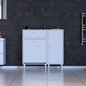 Yenice Banyo Dolabı 60 Cm’lik 1 Geniş Sepetli, Kapaklı Üst Göz Ve 35’lik Kapaklı 1 Raf (95 Cm Genişlik)