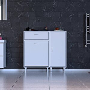 Yenice Banyo Dolabı 60 Cm’lik 1 Geniş Sepetli, Kapaklı Üst Göz Ve 40’lık Kapaklı 1 Raf (100 Cm Genişlik)