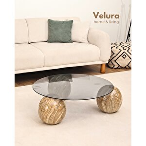 Modern Orta Sehpa & Küre Sehpa & Top Sehpa & Füme Yuvarlak Cam & Treverten Mermer