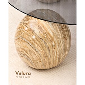 Modern Orta Sehpa & Küre Sehpa & Top Sehpa & Füme Yuvarlak Cam & Treverten Mermer