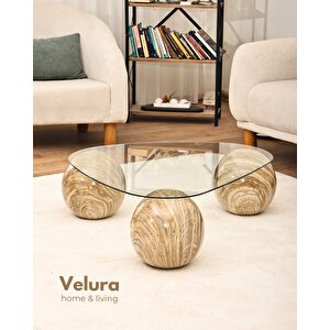 Modern Orta Sehpa & Küre Sehpa & Top Sehpa & Şeffaf Üçgen Cam & Treverten Mermer