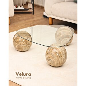 Modern Orta Sehpa & Küre Sehpa & Top Sehpa & Şeffaf Üçgen Cam & Treverten Mermer