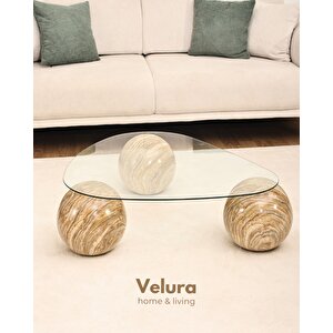 Modern Orta Sehpa & Küre Sehpa & Top Sehpa & Şeffaf Üçgen Cam & Treverten Mermer