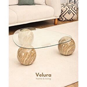 Modern Orta Sehpa & Küre Sehpa & Top Sehpa & Şeffaf Üçgen Cam & Treverten Mermer