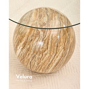 Modern Orta Sehpa & Küre Sehpa & Top Sehpa & Şeffaf Üçgen Cam & Treverten Mermer