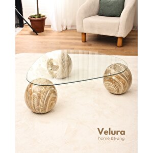 Modern Orta Sehpa & Küre Sehpa & Top Sehpa & Şeffaf Üçgen Cam & Treverten Mermer