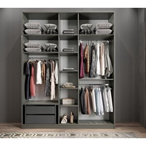 Soft 10 Kapaklı Yüklüklü Gizli Çekmeceli Gardırop Dolap Füme Beyaz 175 Cm - Ücretsiz Kurulum