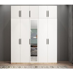 Soft 10 Kapaklı Yüklüklü Gizli Çekmeceli Gardırop Dolap Meşe Beyaz 175 Cm - Ücretsiz Kurulum