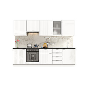 Elsa Serisi 285 Cm Beyaz Aspiratör Ve Fırın Modüllü Siyah Tezgahlı Hazır Mutfak Ls-285asp-st 285 cm