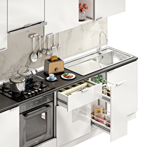 Dekorex Elsa Serisi 270 Cm Beyaz Aspiratör Ve Fırın Modüllü Siyah Tezgahlı Hazır Mutfak Ls-270asp-st