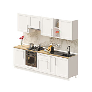 Pia Beyaz Serisi 270 Cm Beyaz Aspiratör Ve Fırın Modüllü Meşe Tezgahlı Hazır Mutfak Pb-270asp-mt 270 cm