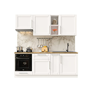 Pia Beyaz Serisi 210 Cm Beyaz Aspiratör Ve Fırın Modüllü Meşe Tezgahlı Hazır Mutfak Pb-210asp-mt 210 cm