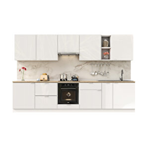 Elsa Serisi 330 Cm Beyaz Aspiratör Fırın Ve Çekmece Modüllü Meşe Tezgahlı Hazır Mutfak Ls-330asp-c-mt 330 cm