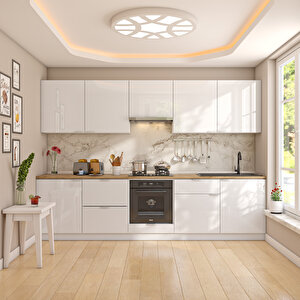 Dekorex Elsa Serisi 300 Cm Beyaz Aspiratör Fırın Ve Çekmece Modüllü Meşe Tezgahlı Hazır Mutfak Ls-300asp-c-mt