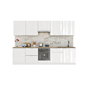 Dekorex Elsa Serisi 300 Cm Beyaz Aspiratör Fırın Ve Çekmece Modüllü Meşe Tezgahlı Hazır Mutfak Ls-300asp-c-mt