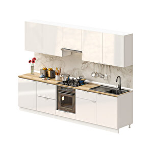 Dekorex Elsa Serisi 300 Cm Beyaz Aspiratör Fırın Ve Çekmece Modüllü Meşe Tezgahlı Hazır Mutfak Ls-300asp-c-mt