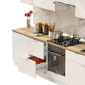 Dekorex Elsa Serisi 300 Cm Beyaz Aspiratör Fırın Ve Çekmece Modüllü Meşe Tezgahlı Hazır Mutfak Ls-300asp-c-mt