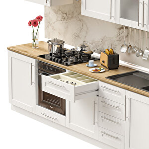 Dekorex Pia Beyaz Serisi 285 Cm Beyaz Aspiratör Ve Fırın Modüllü Meşe Tezgahlı Hazır Mutfak Pb-285asp-mt