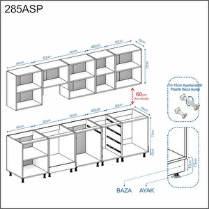 Dekorex Pia Beyaz Serisi 285 Cm Beyaz Aspiratör Ve Fırın Modüllü Meşe Tezgahlı Hazır Mutfak Pb-285asp-mt