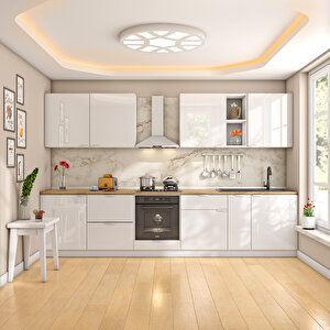 Dekorex Elsa Serisi 330 Cm Beyaz Fırın Ve Çekmece Modüllü Meşe Tezgahlı Hazır Mutfak Ls-330dav-c-mt