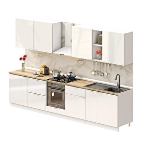 Dekorex Elsa Serisi 330 Cm Beyaz Fırın Ve Çekmece Modüllü Meşe Tezgahlı Hazır Mutfak Ls-330dav-c-mt