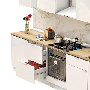 Dekorex Elsa Serisi 330 Cm Beyaz Fırın Ve Çekmece Modüllü Meşe Tezgahlı Hazır Mutfak Ls-330dav-c-mt