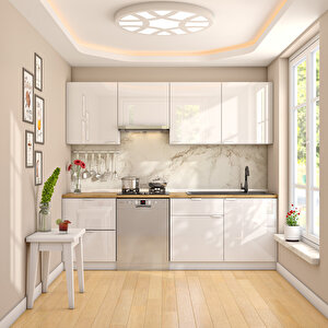 Elsa Serisi 240 Cm Beyaz Aspiratör Ve Çekmece Modüllü Meşe Tezgahlı Hazır Mutfak Ls-240asp-bc-mt 240 cm