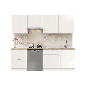 Elsa Serisi 240 Cm Beyaz Aspiratör Ve Çekmece Modüllü Meşe Tezgahlı Hazır Mutfak Ls-240asp-bc-mt 240 cm