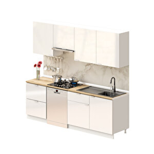 Elsa Serisi 240 Cm Beyaz Aspiratör Ve Çekmece Modüllü Meşe Tezgahlı Hazır Mutfak Ls-240asp-bc-mt 240 cm