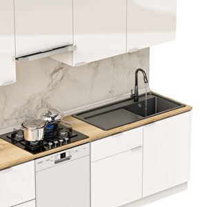 Dekorex Elsa Serisi 240 Cm Beyaz Aspiratör Ve Çekmece Modüllü Meşe Tezgahlı Hazır Mutfak Ls-240asp-bc-mt