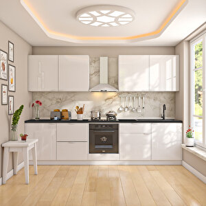 Elsa Serisi 300 Cm Beyaz Fırın Ve Çekmece Modüllü Siyah Tezgahlı Hazır Mutfak Ls-300dav-c-st 300 cm