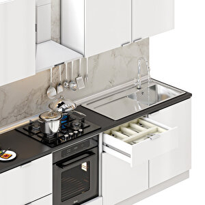 Dekorex Elsa Serisi 300 Cm Beyaz Fırın Ve Çekmece Modüllü Siyah Tezgahlı Hazır Mutfak Ls-300dav-c-st