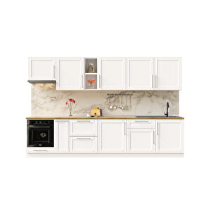 Pia Beyaz Serisi 330 Cm Beyaz Aspiratör Fırın Ve Çekmece Modüllü Meşe Tezgahlı Hazır Mutfak Pb-330asp-c-mt 330 cm