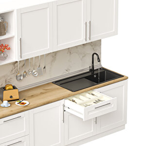 Dekorex Pia Beyaz Serisi 330 Cm Beyaz Aspiratör Fırın Ve Çekmece Modüllü Meşe Tezgahlı Hazır Mutfak Pb-330asp-c-mt