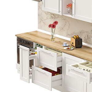 Dekorex Pia Beyaz Serisi 330 Cm Beyaz Aspiratör Fırın Ve Çekmece Modüllü Meşe Tezgahlı Hazır Mutfak Pb-330asp-c-mt