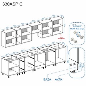 Dekorex Pia Beyaz Serisi 330 Cm Beyaz Aspiratör Fırın Ve Çekmece Modüllü Meşe Tezgahlı Hazır Mutfak Pb-330asp-c-mt