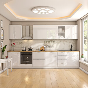 Elsa Serisi 345 Cm Beyaz Fırın Ve Çekmece Modüllü Meşe Tezgahlı Hazır Mutfak Ls-345dav-c-mt 345 cm