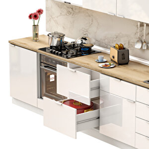 Dekorex Elsa Serisi 345 Cm Beyaz Fırın Ve Çekmece Modüllü Meşe Tezgahlı Hazır Mutfak Ls-345dav-c-mt