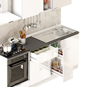 Dekorex Elsa Serisi 210 Cm Beyaz Fırın Modüllü Siyah Tezgahlı Hazır Mutfak Ls-210dav-st