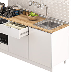 Dekorex Elsa Serisi 180 Cm Beyaz Aspiratör Ve Fırın Modüllü Meşe Tezgahlı Hazır Mutfak Ls-180asp-mt