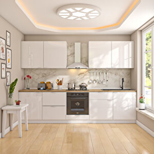 Elsa Serisi 300 Cm Beyaz Fırın Ve Çekmece Modüllü Meşe Tezgahlı Hazır Mutfak Ls-300dav-c-mt 300 cm