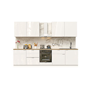 Elsa Serisi 300 Cm Beyaz Fırın Ve Çekmece Modüllü Meşe Tezgahlı Hazır Mutfak Ls-300dav-c-mt 300 cm